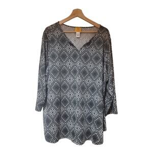 Ruby Rd Top Women 2X Stretch Knit Tunic Black And White Puff Paisley Blouse